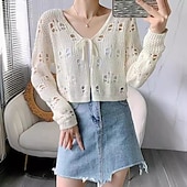preiswerte Spitzenoberteile-Damen Hemd Bluse Einfach Lässig Langarm V Ausschnitt Crop Tops Täglich Ferien Ausschnitt Rosa Purpur Beige Leicht Blau Sommer
