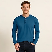 baratos Camisetas e Regatas Elite Masculinas-Homens Camiseta Manga Longa Cor Única Neutra Diário Casual Abotoar Henley Escola Casa Trabalho Todas as Estações Verde Escuro Cinzento Escuro Preto Camiseta Henley