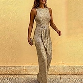billige uformelle jumpsuits-Dame EU / USA størrelse Sparkedrakter Elegant Full lengde Høy Midje Ensfarget Paljetter Uelastisk Formell Fest / aften Sølv Vinrød Gull Svart Sommer Normal