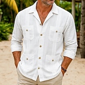 preiswerte Urlaub-Herren Hemd Leinenhemd Guayabera Hemd Sommerhemd Strandhemd Knopfhemd Einfach Urlaub Lässig Weiß Langarm Kragen Sommer Frühling &amp; Sommer Bekleidung Tasche