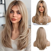 levne Syntetické trendy paruky-20 palců dlouhé rovné blond vrstvené syntetické paruky pro ženy s tmavými kořínky pro každodenní párty