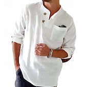 economico Classico-Per uomo Camicia Camicia di lino Camicia popover Camicia Estiva Abbigliamento da spiaggia Camicia button-down Tinta unica Vacanza Streetwear Nero Bianco Blu Cachi Manica Lunga Collo alla coreana