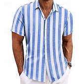 preiswerte Urlaub-Herren Hemd leinenhemd Sommerhemd Strandhemd Sommer Hawaiihemd Einfarbig Urlaub Straße Blau Grau Kurzarm Umschlagkragen Frühling &amp; Sommer Bekleidung Patchwork