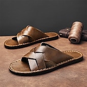 billige Ferietøfler-brune sandaler i imitert skinn med kryssrem – uformelle slip-on sandaler med slitesterk såle, perfekt for hverdagskomfort, ferie og utendørseventyr