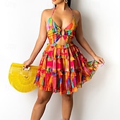 abordables Robes fleuries décontractées-Femmes Mini Robe Robe à Volants Robe Fleurie Robe Imprimée Mode Extérieur Vacances Sortir Coupe régulière Fleur Sans manches Col Halter Jaune Rose Claire Rouge Vert Été