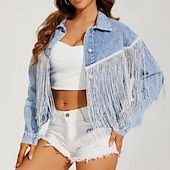 economico Tops Boho-Per donna Blusa Semplice Elegante Moderno Manica Lunga Colletto a Camicia Top Regolari Ferie Uscire Jeans Frange Nero Azzurro Estate