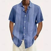 cheap Geometric Pattern-Men&#039;s Geometric Line Shirt Casual Shirt Button Up Shirt Short Sleeve Fashion Casual Vacation Holiday Streetwear Summer Turndown 3D Print Front One Pocket Linen Like Shirt Blue Purple Green