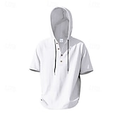 preiswerte Baumwoll-Leinenhemd-Herren Hemd Leinenhemd Popover-Hemd Freizeithemd Baumwollhemd Einfach Urlaub Straße Schwarz Weiß Gelb Marineblau Kurzarm Mit Kapuze Sommer Bekleidung Button-Down