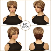 cheap Older Wigs-Short Brown Pixie Cut Wig Short Hair Wigs with Bangs Mixed Blonde Highlight Layered Fluffy Synthetic Hair Replacement Wig for Women Halloween Costumes Wigs