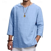 baratos Clássico-Homens Camisa Social Camisa de linho Camisa Popover camisa de verão Roupa de Praia Côr Sólida Férias Casual Preto Azul Marinha Azul Céu cáqui 3/4 de Manga Decote V Verão Primavera Roupa