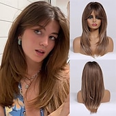 economico Parrucche trendy sintetiche-Parrucche castane ombré con frangia, lunghe e lisce, a strati, per donne, parrucche in capelli sintetici resistenti al calore