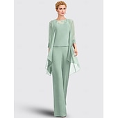 abordables Costumes-pantalons pour maman-Salopette  pantalon 3 pièces mère de la mariée invité au mariage formel élégant grande taille col bijou longueur de sol en chiffon dentelle sans manches avec appliques taille personnalisée gratuite