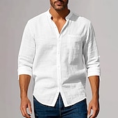 preiswerte Business Casual-Herren Baumwoll-Leinen-Hemd Tiefer Ausschnitt Einfach Urlaub Strand Schwarz Weiß Khaki Dunkelgray Langarm Großvaterkragen Sommer Frühling Bekleidung Tasche
