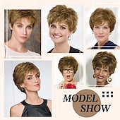 abordables perruque plus âgée-Perruque courte brune coupe lutin, perruques courtes en cheveux superposés avec frange, perruque de remplacement en cheveux synthétiques duveteux pour femmes, perruques de costumes d&#039;Halloween