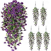 ieftine Plante și flori artificiale-5 buc flori artificiale agățate de glorie de dimineață pentru exterior, petunii artificiale rezistente la UV, mătase falsă, viță de vie lungă, eucalipt, glorie de dimineață, pentru exterior, jardinier de interior, verandă, combinație de decor pentru casă.
