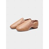 abordables Chaussures de danse d&#039;entraînement-Chaussures de danse jazz en cuir beige pour femmes avec semelle fendue – chaussures souples à enfiler pour les cours de jazz et les performances sur scène