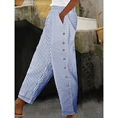 abordables Pantalón de lino y algodón con gráficos-Mujer Pantalones de lino y algodón Básico Casual Longitud total Alta cintura A Rayas Bolsillo Cintura elástica Estampado Confortable Al Aire Libre Cómodo Calle Ropa Cotidiana Noche Negro Rosa Azul