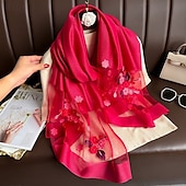 abordables Manches &amp; Écharpe-Printemps et automne nouveau clou perle simulation foulard en soie élégant et polyvalent pour les femmes brodé fleur de pommier longue écharpe été crème solaire écharpe