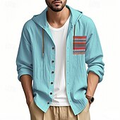 preiswerte Urlaub-Herren Knopfhemd Einfach Urlaub Straße Schwarz Weiß Khaki Grau Langarm Mit Kapuze Frühling &amp; Herbst Bekleidung Button-Down