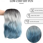 economico Parrucche trendy sintetiche-Parrucca ondulata con frangia, parrucca blu argento naturale sfumata, capelli sintetici, lunghezza spalle, parrucche corte e ricce sfumate per donna