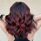 baratos Perucas Sintéticas sem Touca-Peruca curta ondulada com franja para mulheres, comprimento dos ombros, bob, perucas sintéticas cacheadas com ondulado natural, preto, misto, vinho tinto, peruca resistente ao calor para uso diário em