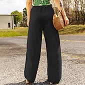 baratos Calça de linho de algodão simples-Mulheres Calças de linho de algodão Calças Roupa de rua Casual Comprimento total Natural Tecido Design de cordão elástico Confortável Exterior Roupa Diária Final de semana Preto Azul Marinho Escuro