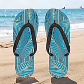 cheap Vacation Sandals-Men’s Blue Leaf Printed Flip Flops – Tropical &amp; Stylish Style for Beach Vacations, Island Hopping &amp; Beachside Dinners