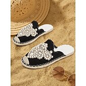 cheap Vacation Sandals-Women&#039;s Luxury Pearl Embellished Black Slide Sandals – Elegant Boho Summer Flats for Beach Weddings, Vacations, Festivals, and Resort Wear