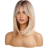 voordelige oudere pruik-blonde pruiken voor vrouwen schouderlang gelaagd haar met donkere wortels synthetische korte pruik met pony voor dagelijks gebruik of cosplay