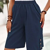 cheap Cotton Linen Shorts-Women&#039;s Cotton Linen Shorts Shorts Crop Streetwear Casual Knee Length Natural Plain Pocket Elastic Waist Outdoor Comfortable Outdoor Going out Light Sky Blue Black White Dark navy Summer Regular Fit
