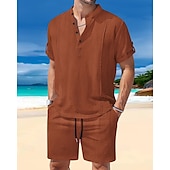 cheap Men&#039;s Tee Sets-Men&#039;s T-shirt Suits 2 Pieces Outfits Tee &amp; Shorts Short Sleeve Henley Summer Plain Fashion Casual 2 Piece Vacation Daily Wear Going out White Royal Blue Brown Top Tee for Men