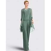 abordables Costumes-pantalons pour maman-Salopette  pantalon 3 pièces mère de la mariée invité au mariage formel élégant grande taille col bijou longueur de sol en chiffon dentelle sans manches avec appliques taille personnalisée gratuite