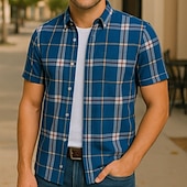preiswerte Herrenhemd zum Knöpfen-Herren Sommerhemd Freizeithemd Strandhemd Knopfhemd Schwarz Gelb Blau Leicht Blau Kurzarm Karo Revers Urlaub Hawaiianisch Bekleidung Polyester Mode Lässig Bequem