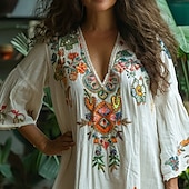 billiga Bohemklänningar-Dam Mini klänning Blommig klänning Boho-klänning Klänning med tryck Västerländsk klänning Klassisk Utomhus Semester Helgen Normal Blomma 3/4 ärm V-hals Vit Sommar