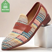 cheap Textured Weave Shoes-Men&#039;s Multicolor Woven Penny Loafers – Vintage Nylon Knit Slip-On Dress Shoes for Smart Casual Outfits