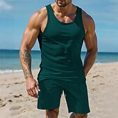 abordables Conjuntos de camisetas de hombre-Hombre Tanque Chaleco Trajes de camiseta Trajes de 2 piezas Sin Mangas Cuello Barco Verano Plano Moda Casual 2 Piezas Vacaciones Ropa Cotidiana Noche Blanco Vino Verde Oscuro Camiseta superior para