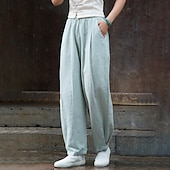 abordables Pantalón liso de lino y algodón-Mujer Pantalones de lino y algodón pantalones Ropa de calle Casual Longitud total Cintura Media Plano Bolsillo Cintura elástica Confortable Cómodo Diario Fin de semana Albaricoque Negro Azul Marino