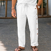 baratos Retrô-Homens Calças de linho Calças Calça verão Calças largas Com Cordão Cintura elástica Botão Lateral Tecido Respirável Comprimento total Ao ar livre Férias Casual Férias Estilo Étnico Preto Branco
