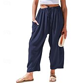 economico Pantaloni in lino e cotone semplici-Per donna Gamba larga Pantaloni Vacanza Moda Lunghezza intera Misura del girovita medio Semplice Elastico in vita Traspirante Confortevole Micro-elastico Streetwear Abbigliamento quotidiano Uscire
