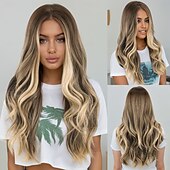 cheap Synthetic Trendy Wigs-Synthetic Wig Wavy Deep Wave Layered Haircut With Bangs Machine Made Wig 24 inch A1 Synthetic Hair Women&#039;s Cosplay Classic Color Gradient Blonde