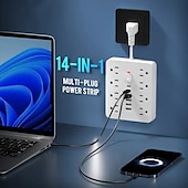 ieftine Aparate de uz casnic-Prelungitor plat 14-in-1 cu 4 prize AC și 6 porturi USB (2 USB-C) – Protecție împotriva suprasarcinii și placă de expansiune a puterii