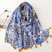 abordables Mangas &amp; Bufanda-Bufanda con estampado bohemio azul, 100 % poliéster, transpirable. &amp;Chal de playa decorativo, resistente al sol, con flecos, estilo bohemio inelástico, lavable a mano - sin plumas