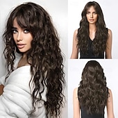 abordables Pelucas sintéticas de moda-Pelucas rizadas marrones para mujer, peluca de cabello sintético con reflejos rubios.