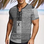 cheap Vacation Tropical T Shirts-Men&#039;s Patchwork Shirt Short Sleeve T shirt 3D Print Lace Up Neck Shirt Vacation Fashion Casual Street Casual Daily Blue Purple Brown Summer Spring Clothing Apparel S M L XL XXL XXXL