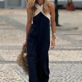 preiswerte Kleider aus Baumwolle und Leinen entwerfen-Damen Langes Kleid Maxikleid Baumwoll-Leinenkleid Mode Klassisch Täglich Ferien Ausgehen Normale Passform Farbblock Ärmellos V Ausschnitt Schwarz Weiß Sommer