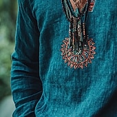 cheap Street-Men&#039;s Shirt Linen Shirt Popover Shirt Summer Shirt Beach Shirt Patchwork Vacation Holiday Blue Long Sleeve Collarless Summer Spring Clothing Apparel Ethnic