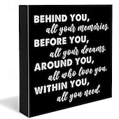 preiswerte Abschlusszeit-Abschluss Spruch Holzbox Schild Deko Schreibtischschild positiv hinter Dir all deine Erinnerungen Holzbox Blockschild rustikal Home Regal Wanddekoration Grad Geschenk