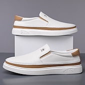 baratos Ténis para Homem-Tênis masculinos slip-on brancos com detalhes em PU – calçados leves e modernos para streetwear, viagens e trajes casuais