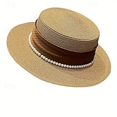cheap Hats-Elegant French Ladies Sun Hat  Natural Grass Weave Pearl Embellishment  Flat Top Design UV Protection Ideal for Beach and Outdoor Use Beach Hat