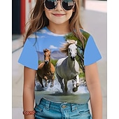 preiswerte Mädchen 3D Tiere-Mädchen 3D Pferd T-Shirt Kurzarm Sommer Frühling Mode Basic Kinder 4-12 Jahre Rundhalsausschnitt Outdoor Lässig Täglich Normale Passform